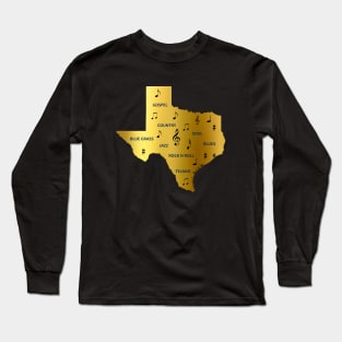 Texas Music notes and genres in a gold Texas State Map Long Sleeve T-Shirt